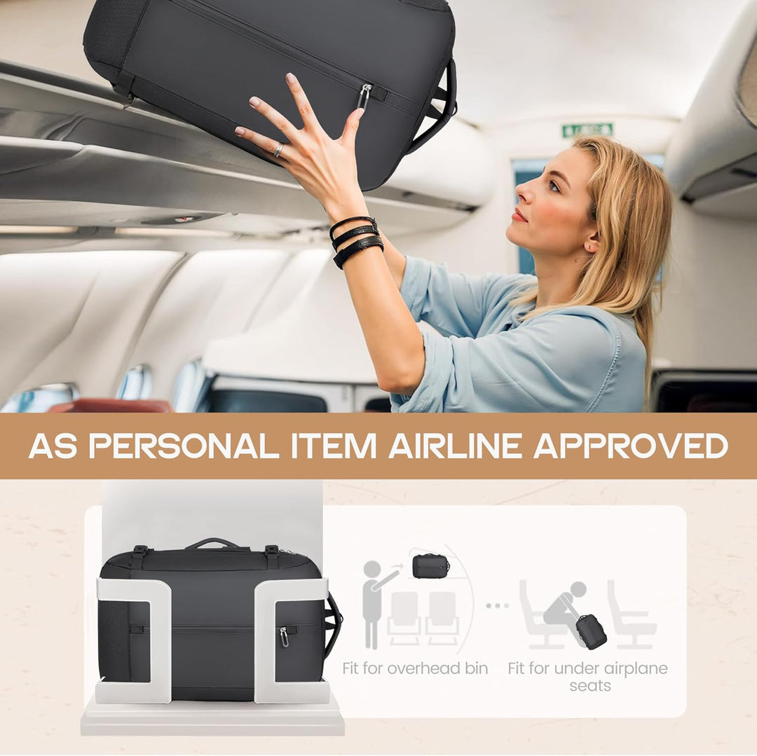 Organizer travel backpack: 40L expandable, waterproof carry-on with USB port & 17” laptop sleeve.