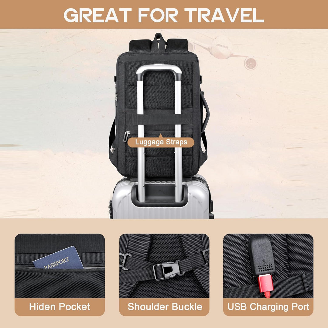 AirVoyage unisex expandable 40L travel backpack. Waterproof with USB, 17" laptop sleeve & anti-theft features.