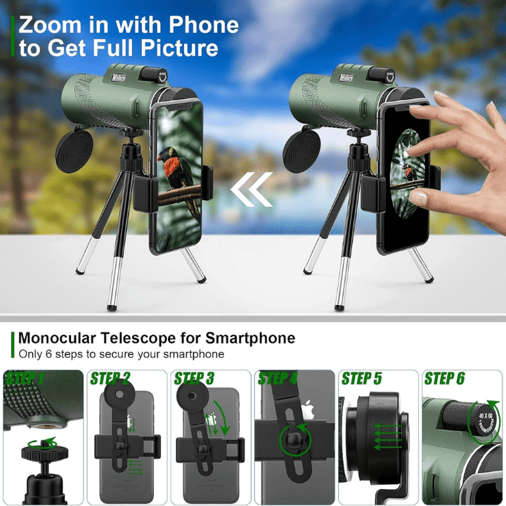 Compact 45x zoom monocular for hiking, birdwatching, sports, and all your outdoor adventure needs.