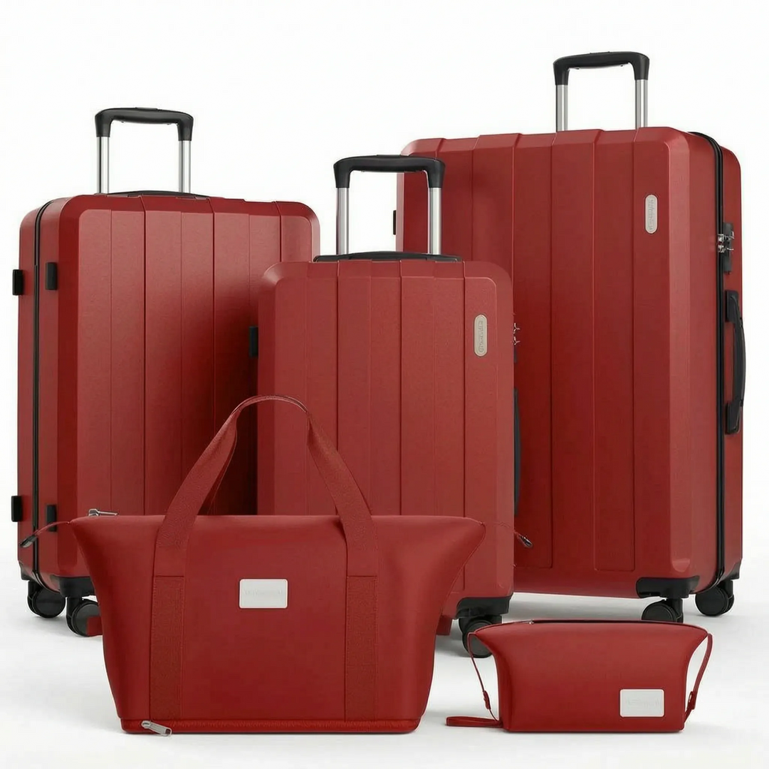 Modern, robust 5-piece hardshell spinner luggage set; essential travel suitcases for any destination.