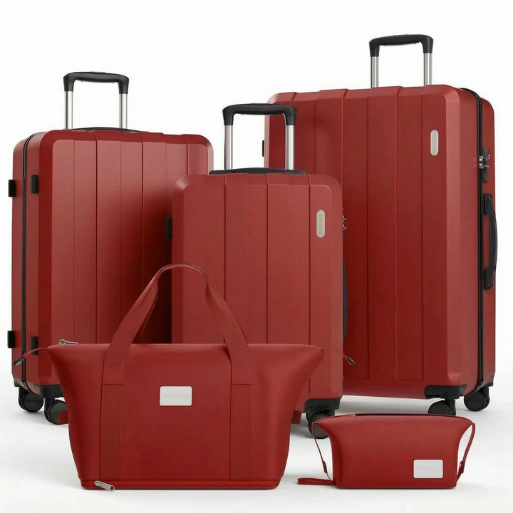 Modern, robust 5-piece hardshell spinner luggage set; essential travel suitcases for any destination.