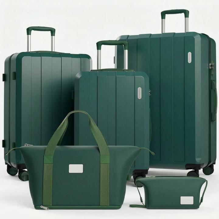 Expandable 5-piece hardshell luggage set with smooth spinner wheels, ideal for any travel journey.