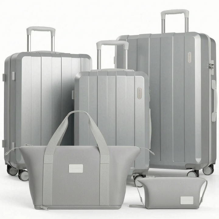 Set of 5 hardshell travel suitcases with spinner wheels; durable & secure for all your trips.