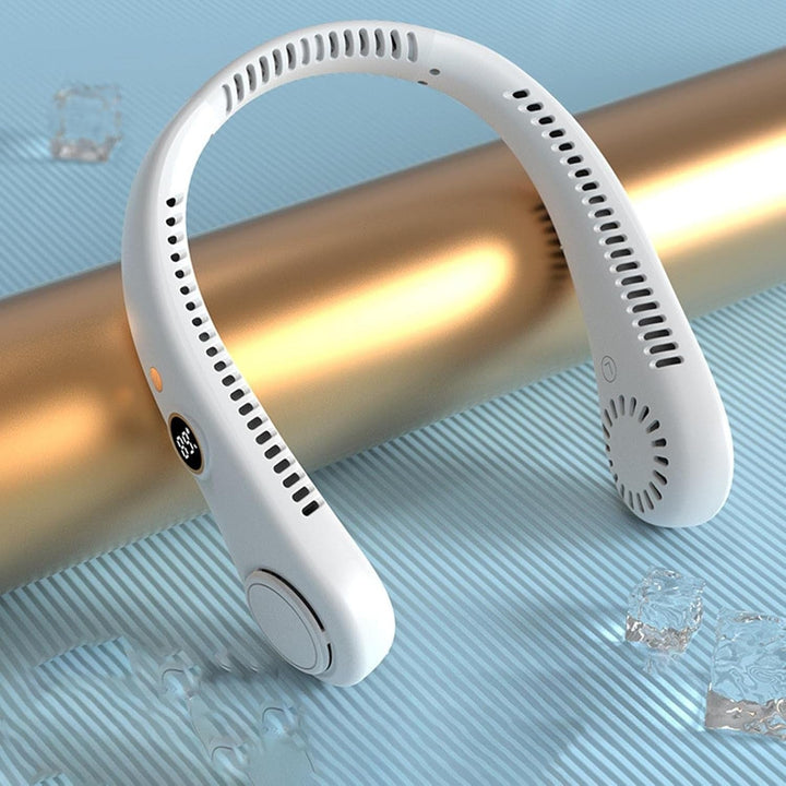 Unisex 5-speed bladeless neck cooling fan in headphone style, offering portable, hands-free, 360-degree airflow comfort.