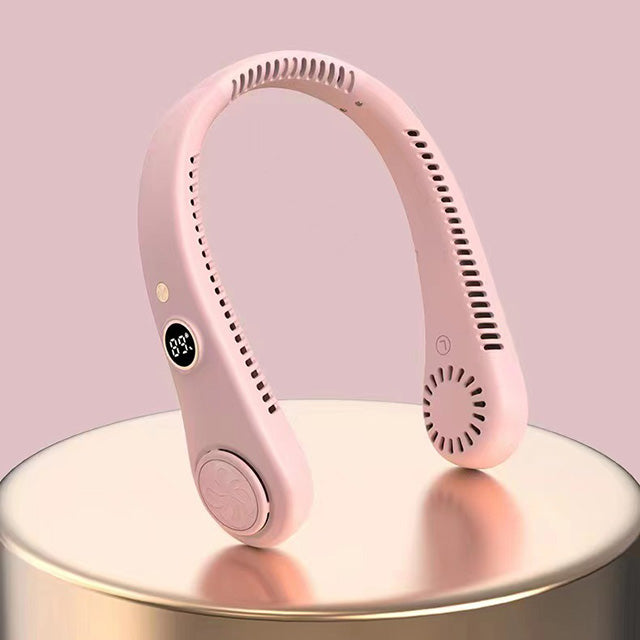 Unisex 5-speed bladeless neck cooling fan in headphone style, offering portable, hands-free, 360-degree airflow comfort.
