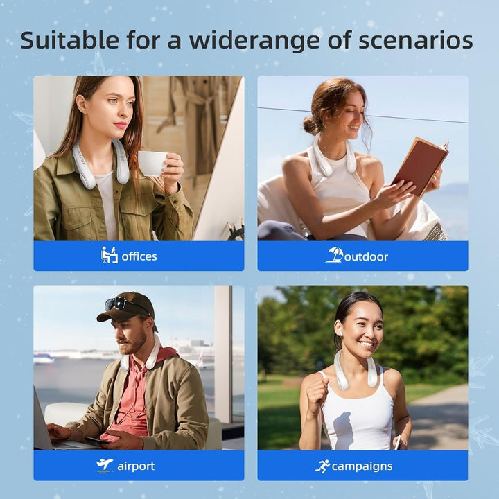 Unisex 5-speed bladeless neck cooling fan in headphone style, offering portable, hands-free, 360-degree airflow comfort.