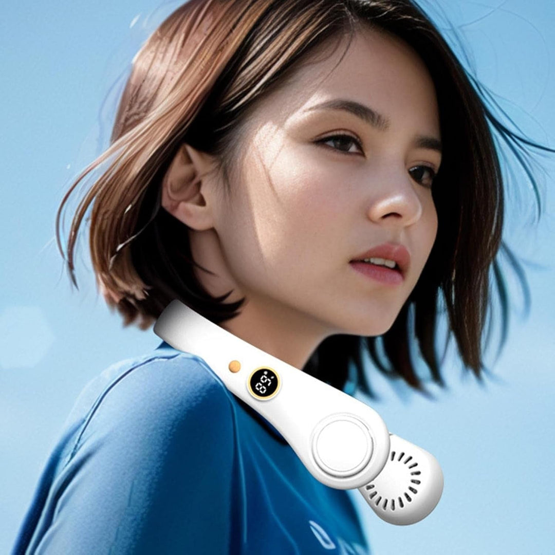 Unisex 5-speed bladeless neck cooling fan in headphone style, offering portable, hands-free, 360-degree airflow comfort.