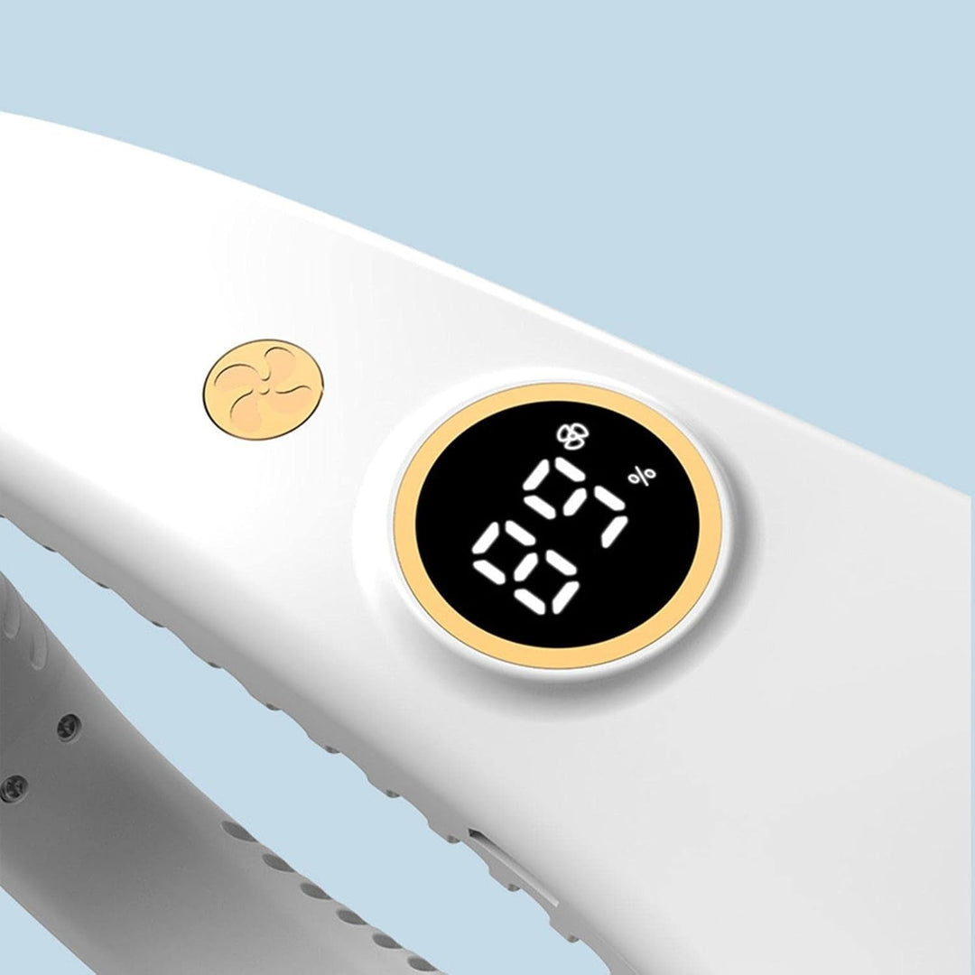 Unisex 5-speed bladeless neck cooling fan in headphone style, offering portable, hands-free, 360-degree airflow comfort.