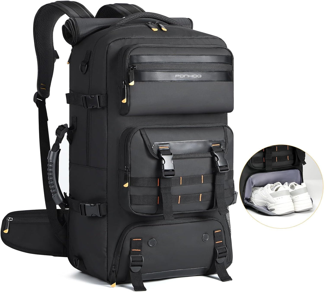 Unisex 50L carry-on travel backpack with USB charging port & dedicated shoe compartment, perfect for flights.