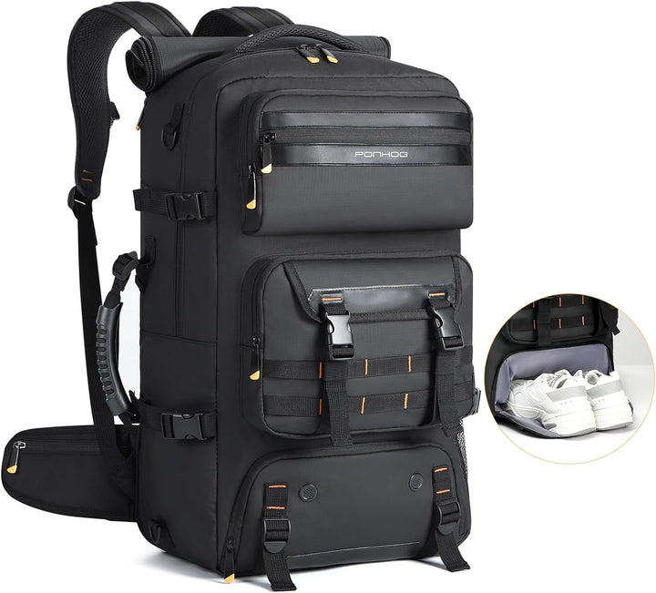 Unisex 50L carry-on travel backpack with USB charging port & dedicated shoe compartment, perfect for flights.