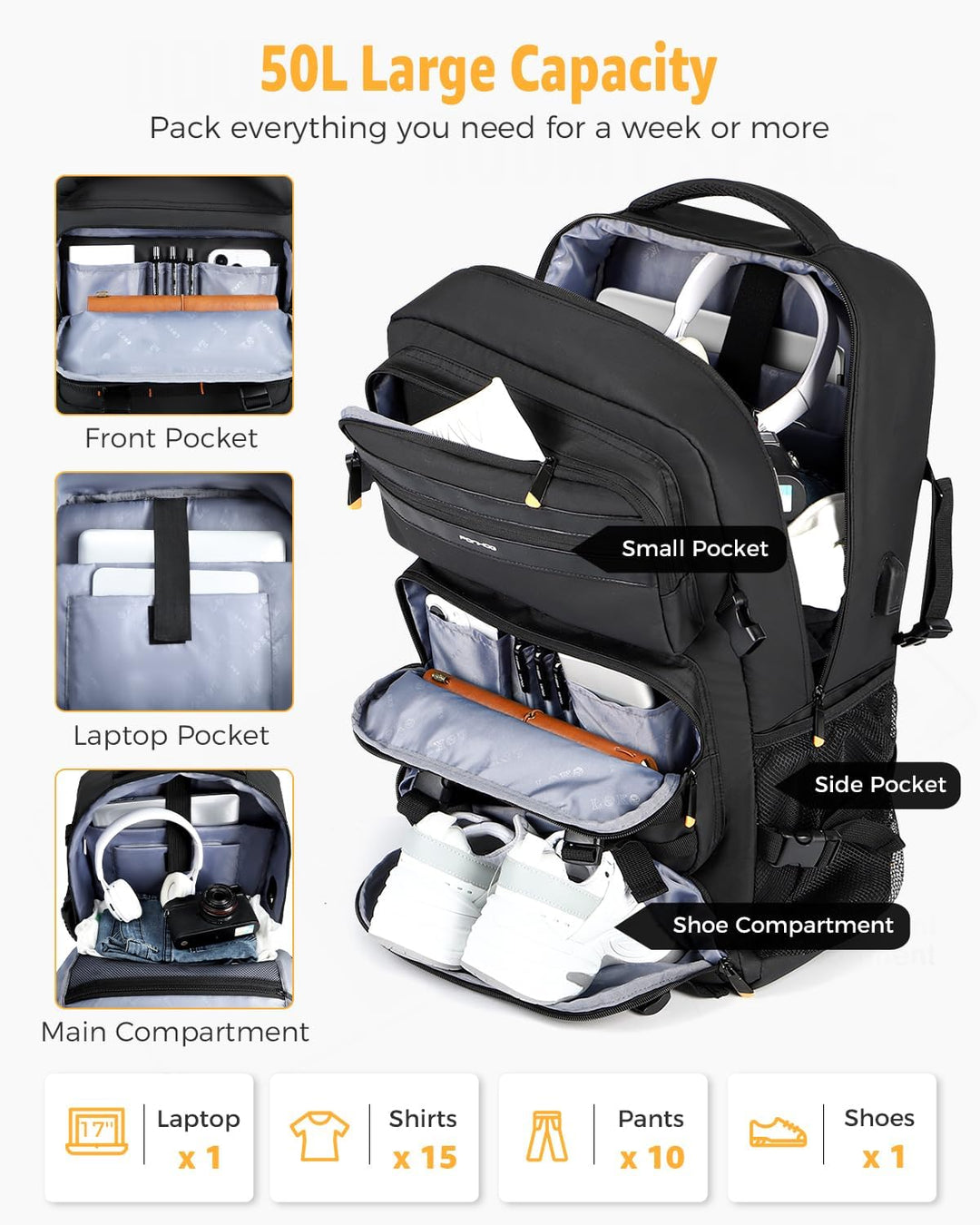 Convertible 50L travel backpack, transitions from backpack to duffel, ideal carry-on luggage for weekend trips.