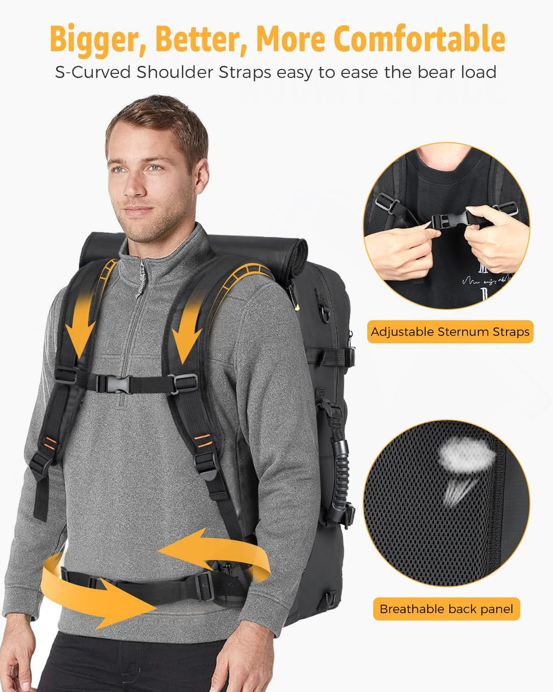 Unisex flight-ready 50L travel backpack showing main compartment, laptop sleeve & separate shoe pocket.
