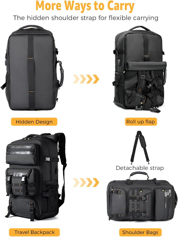 Ergonomic unisex 50L carry-on travel backpack with padded straps & sleek design, includes USB port.