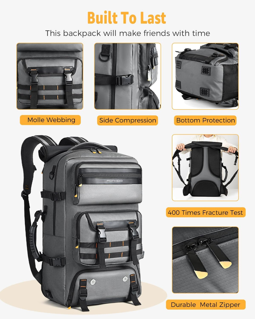 Traveler wearing a black unisex 50L carry-on travel backpack with USB, ready for their flight.