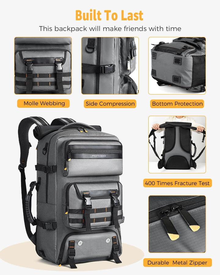 Traveler wearing a black unisex 50L carry-on travel backpack with USB, ready for their flight.