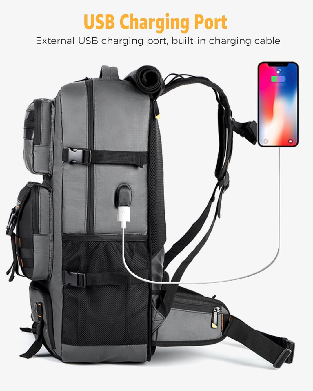 Close-up of the integrated USB charging port on a black 50L unisex carry-on travel backpack.