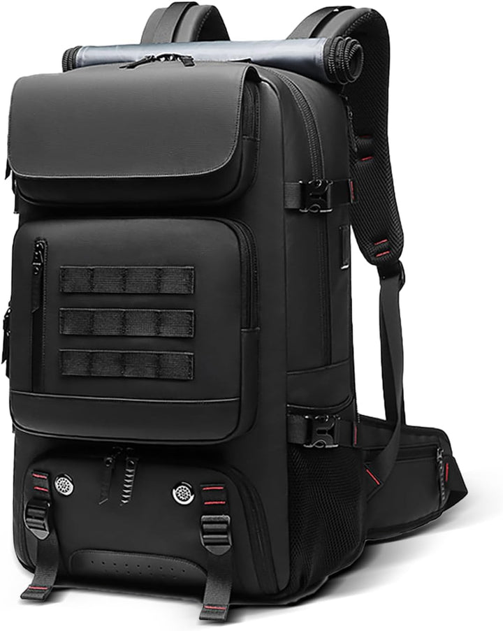 Unisex 50L waterproof travel backpack with shoe compartment, USB port, ideal for short trips & hiking.