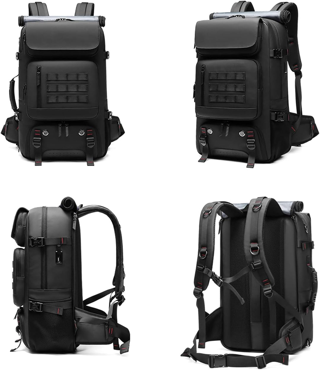 Durable black 50L travel backpack, waterproof, featuring a shoe storage & integrated USB charging port.