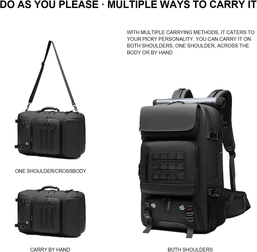 Versatile 50L waterproof daypack for men & women, perfect for travel, business, with shoe compartment & USB.