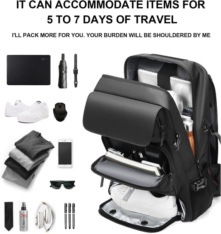 Stylish unisex 50L luggage backpack, waterproof, with dedicated shoe storage & convenient USB charging.
