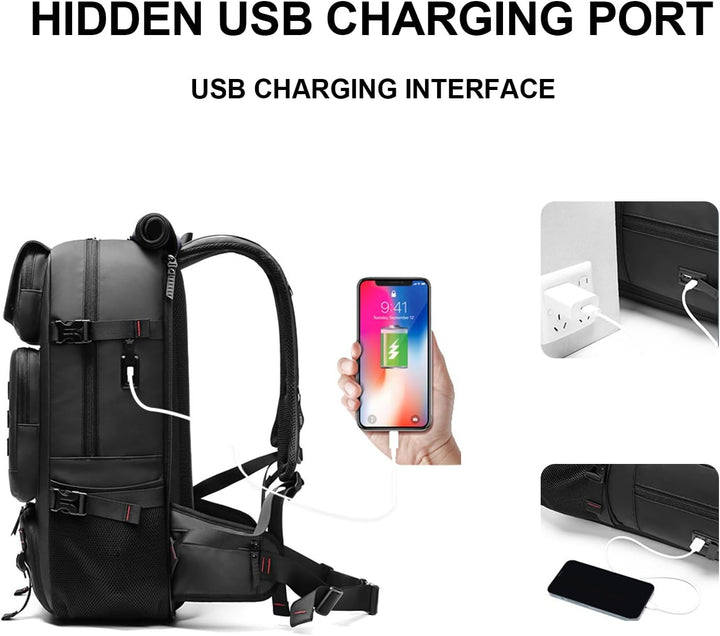 Travel-ready 50L waterproof backpack, unisex, with shoe compartment & USB for charging devices on the go.