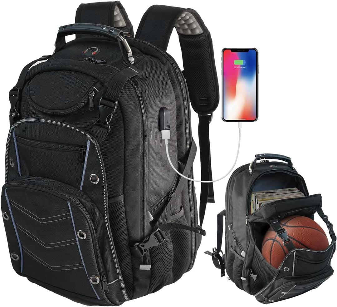 Unisex 55L extra-large travel laptop backpack with USB charging port & RFID security for secure travels.