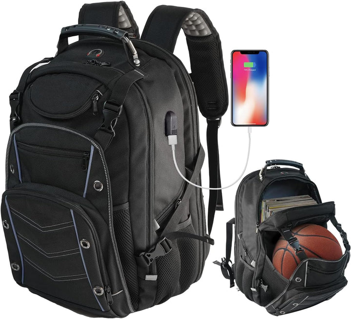 Unisex 55L extra-large travel laptop backpack with USB charging port & RFID security for secure travels.