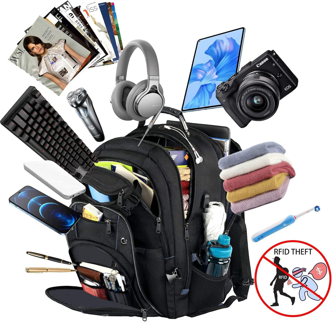 Spacious 55L unisex travel backpack, extra-large for all gear, with integrated USB charging and RFID security.