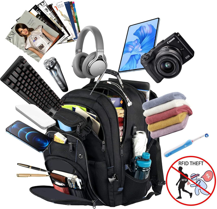 Spacious 55L unisex travel backpack, extra-large for all gear, with integrated USB charging and RFID security.