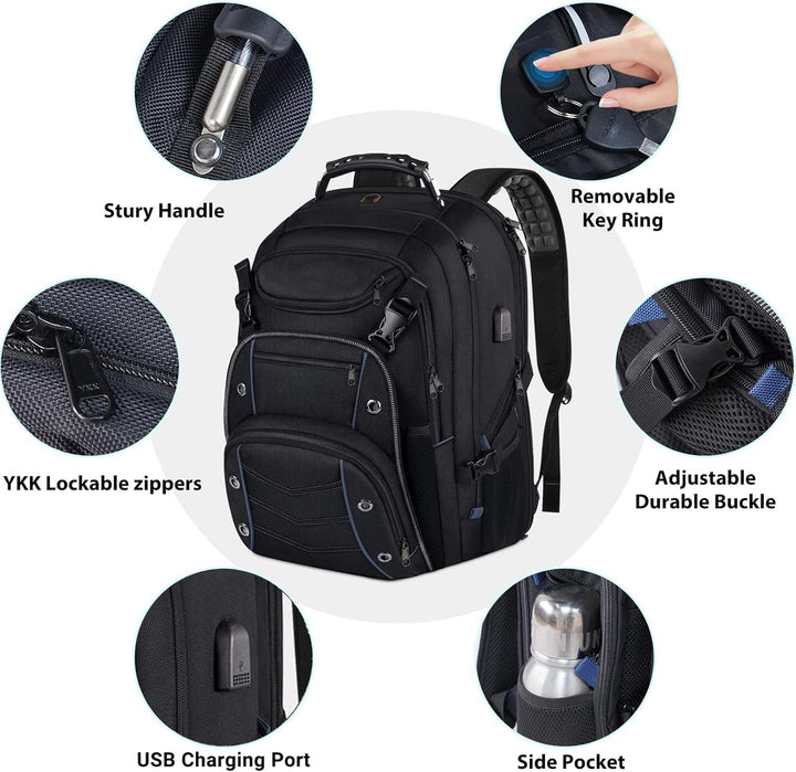 Anti-theft 55L travel backpack with RFID protection & USB charging keeps your electronics safe & powered on the go.