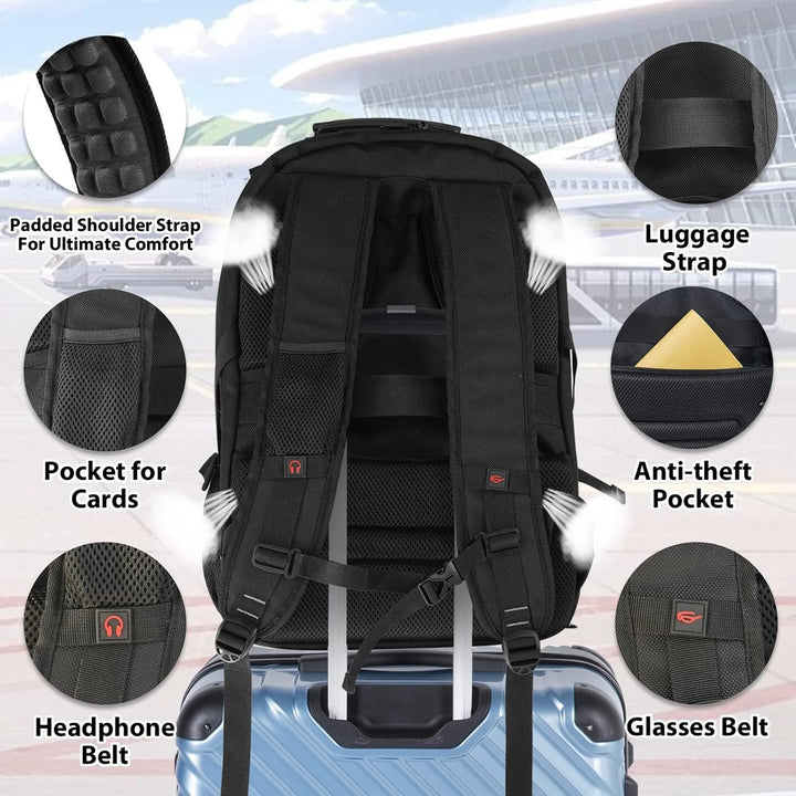 Versatile 55L extra-large travel backpack, unisex design, with laptop sleeve, USB charging, & RFID security.