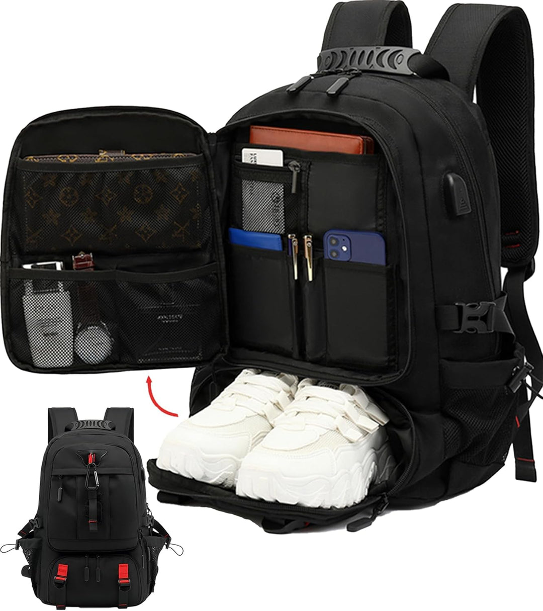 Unisex 60L waterproof travel backpack with laptop compartment & USB port for convenient charging on business trips.