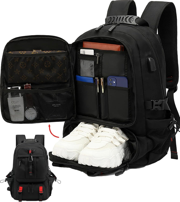 Unisex 60L waterproof travel backpack with laptop compartment & USB port for convenient charging on business trips.