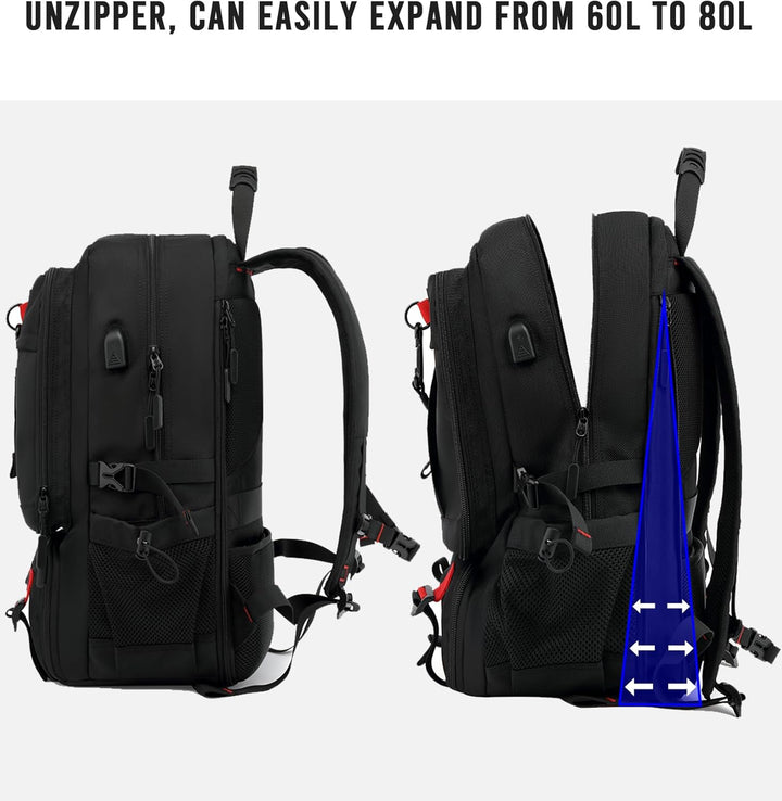 Large capacity waterproof backpack for travel and business, includes a dedicated laptop sleeve and convenient USB charging.