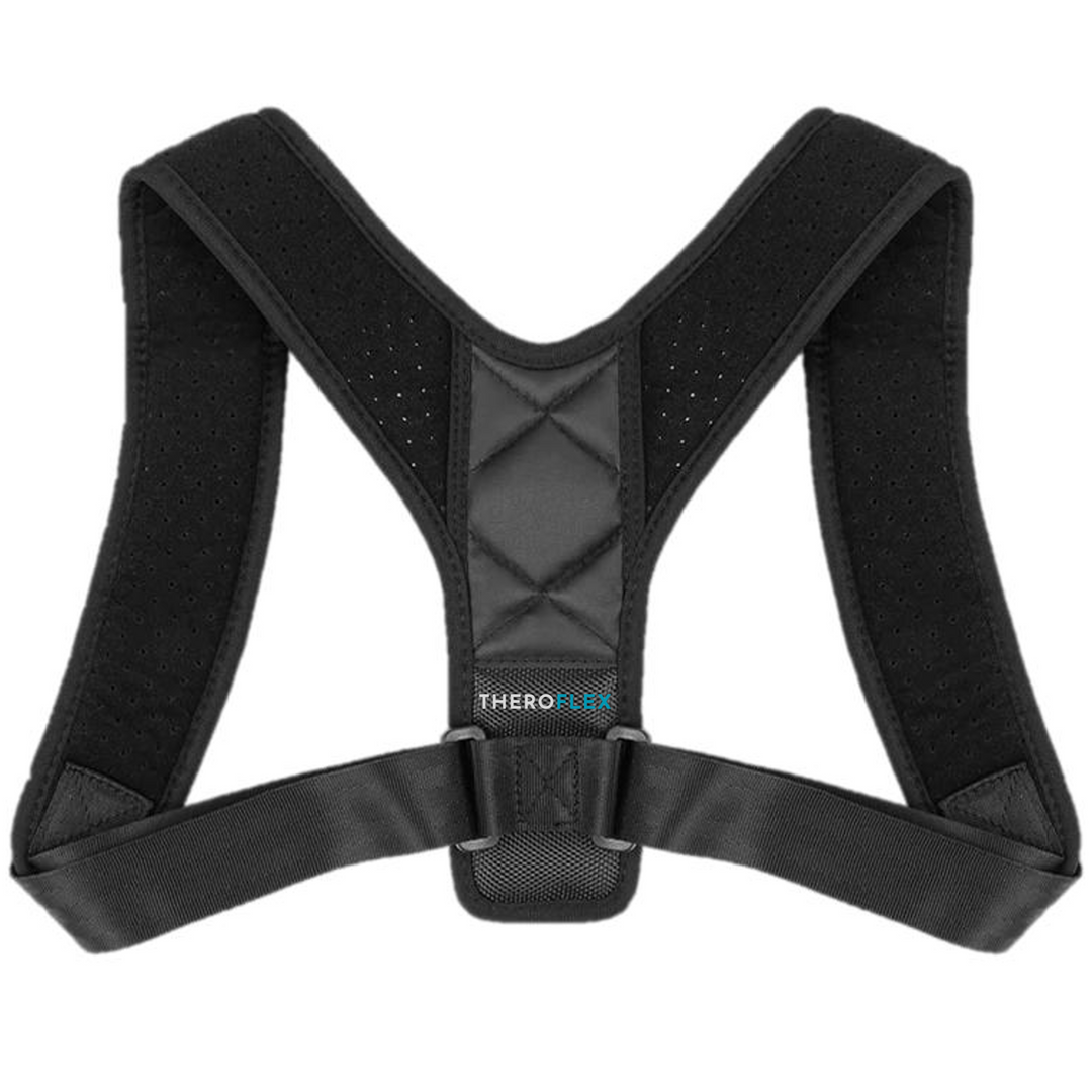 "Unisex adjustable back brace posture corrector, sleek black neoprene, ideal for men and women, promotes better posture."