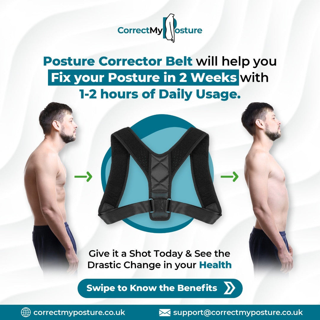 "Unisex adjustable back brace posture corrector, sleek black neoprene, ideal for men and women, promotes better posture."