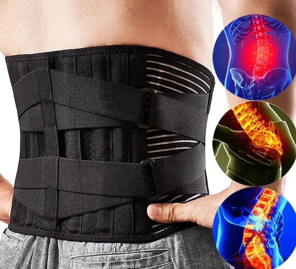 Unisex adjustable back support belt for posture correction & back pain relief. Ergonomic waist support for daily comfort.