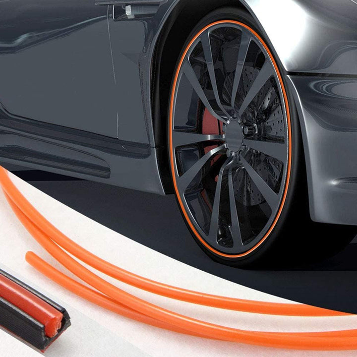 "Unisex alloy wheel rim protector, high adhesion, prevents kerb scrapes, vibrant colors, DIY installation, durable rubber."