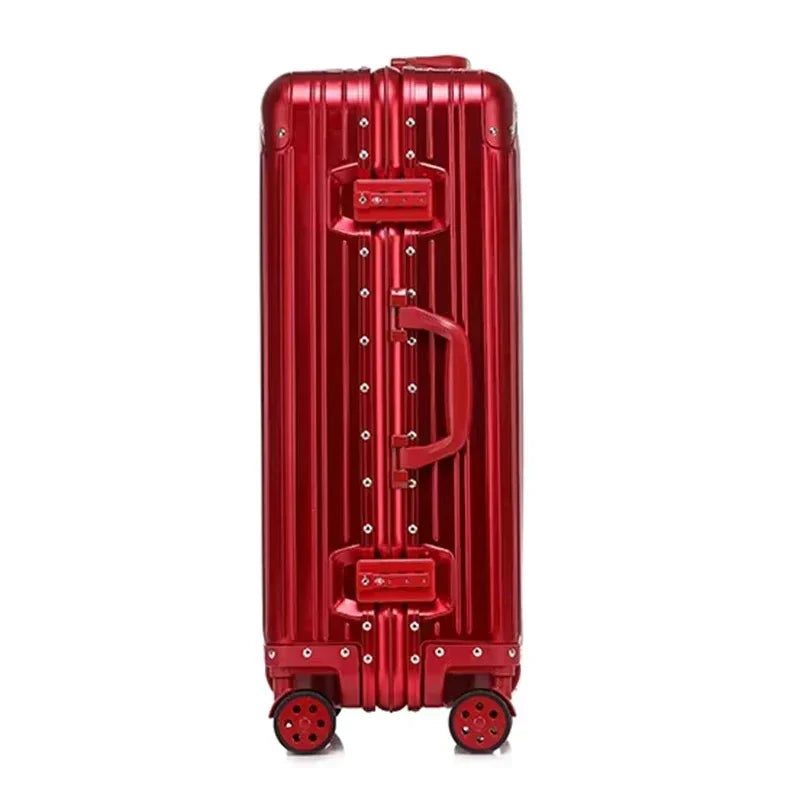 Silver aluminum magnesium carry-on suitcase. Hardshell luggage, durable for frequent business travel.