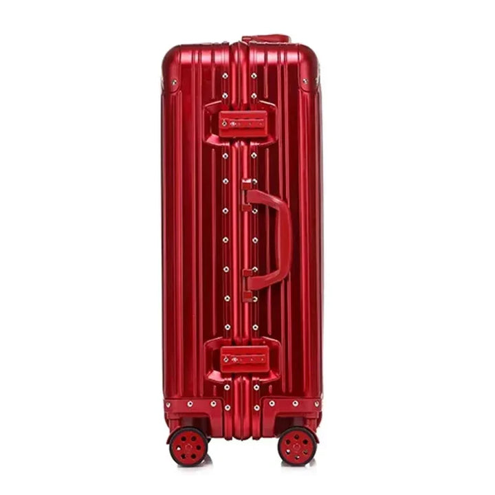 Silver aluminum magnesium carry-on suitcase. Hardshell luggage, durable for frequent business travel.