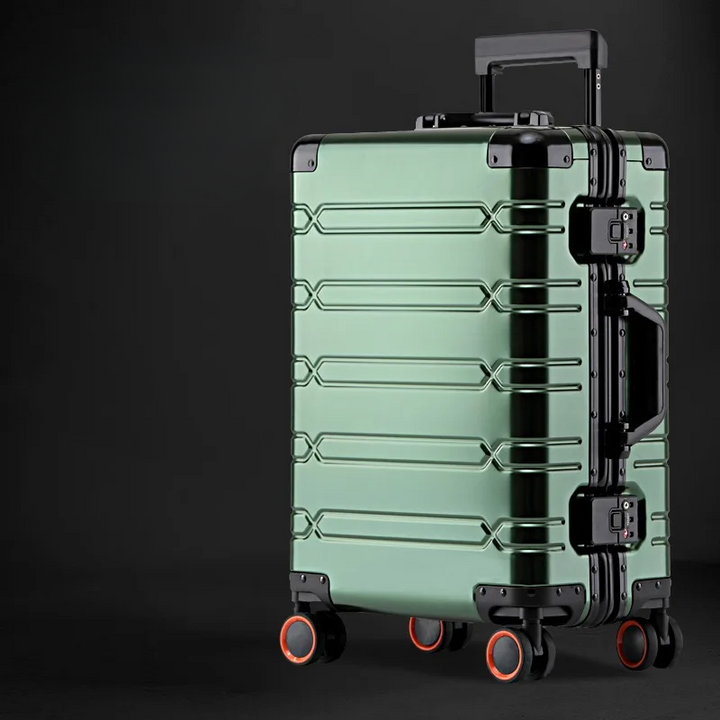Sleek aluminum-magnesium hardshell travel suitcase with smooth 360° spinner wheels for easy maneuvering.