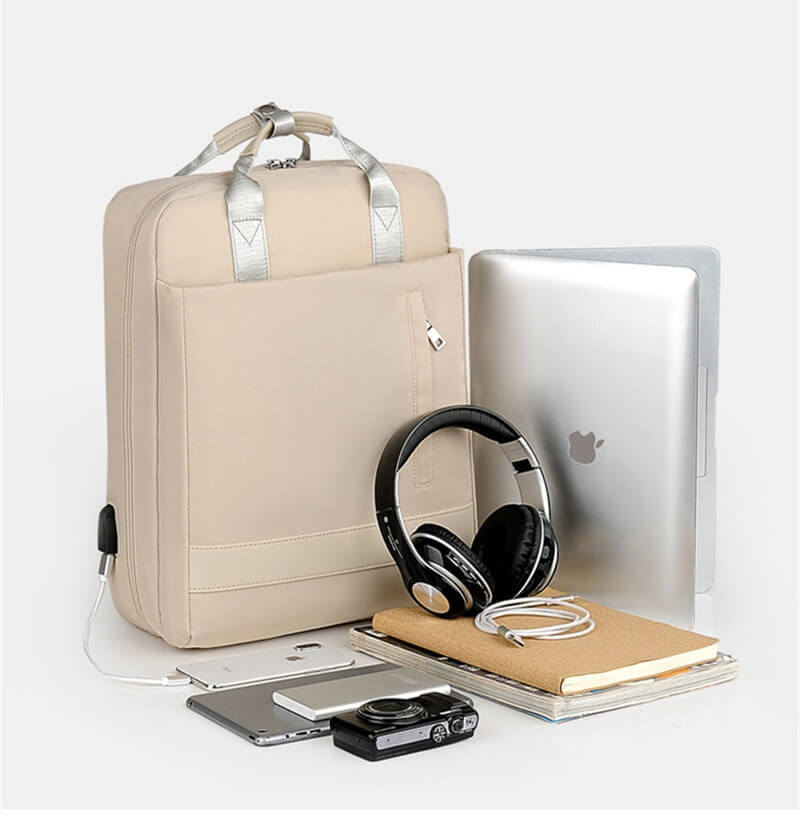 Back view of the secure travel backpack on a person, highlighting its ergonomic design and anti-theft features.