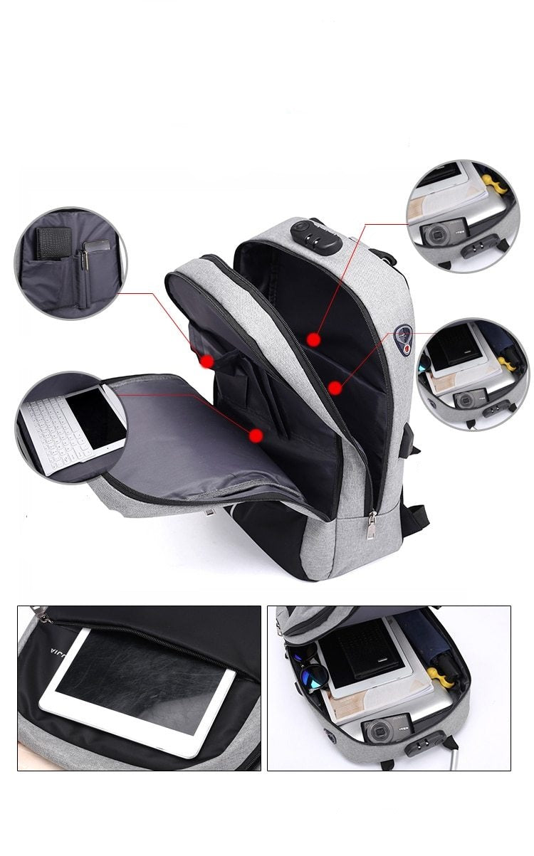 Water-resistant travel backpack with anti-theft features & integrated USB charging, ideal for safe journeys.