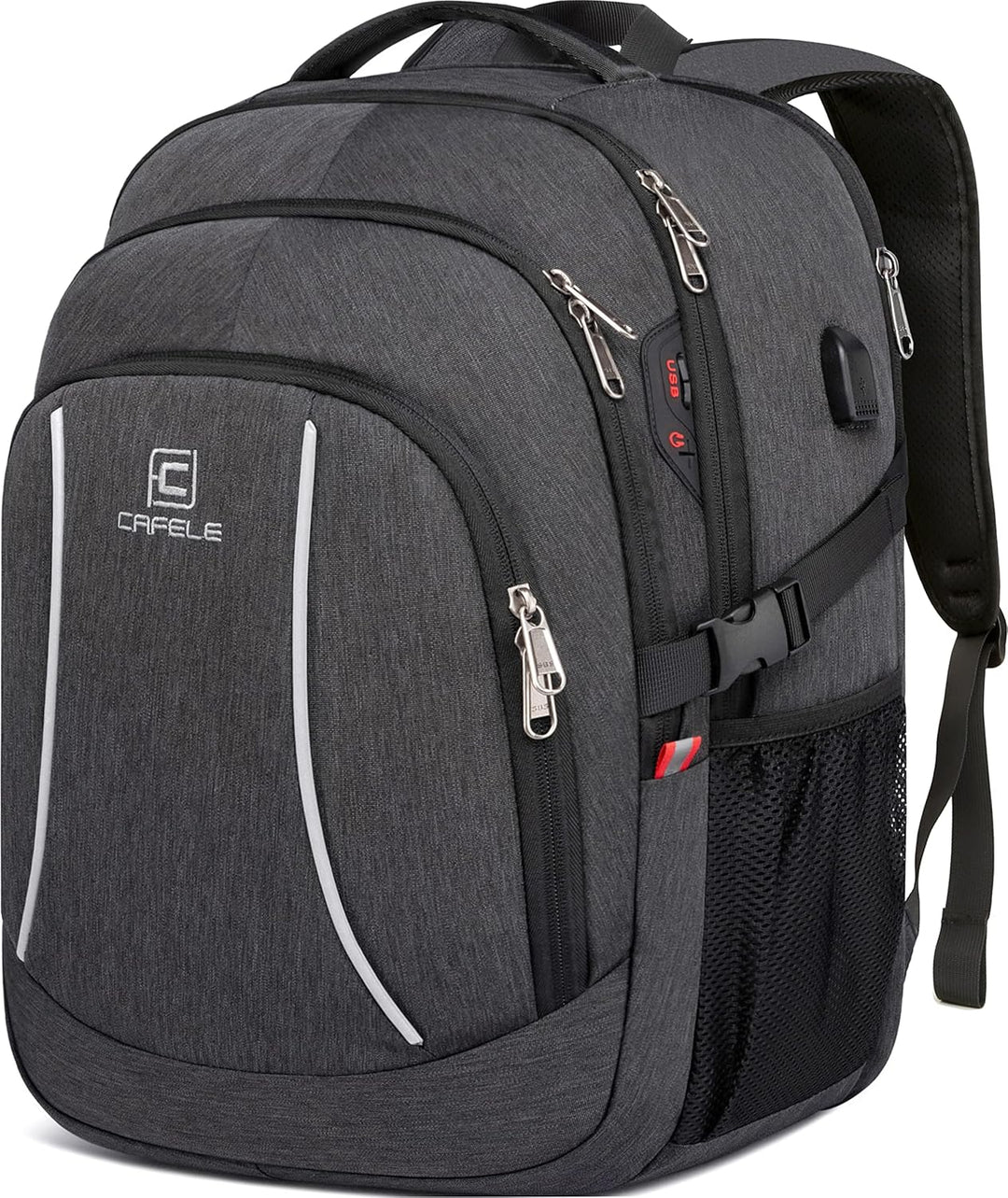 Durable anti-theft laptop backpack, water-resistant, unisex, with a hidden pocket and USB port.