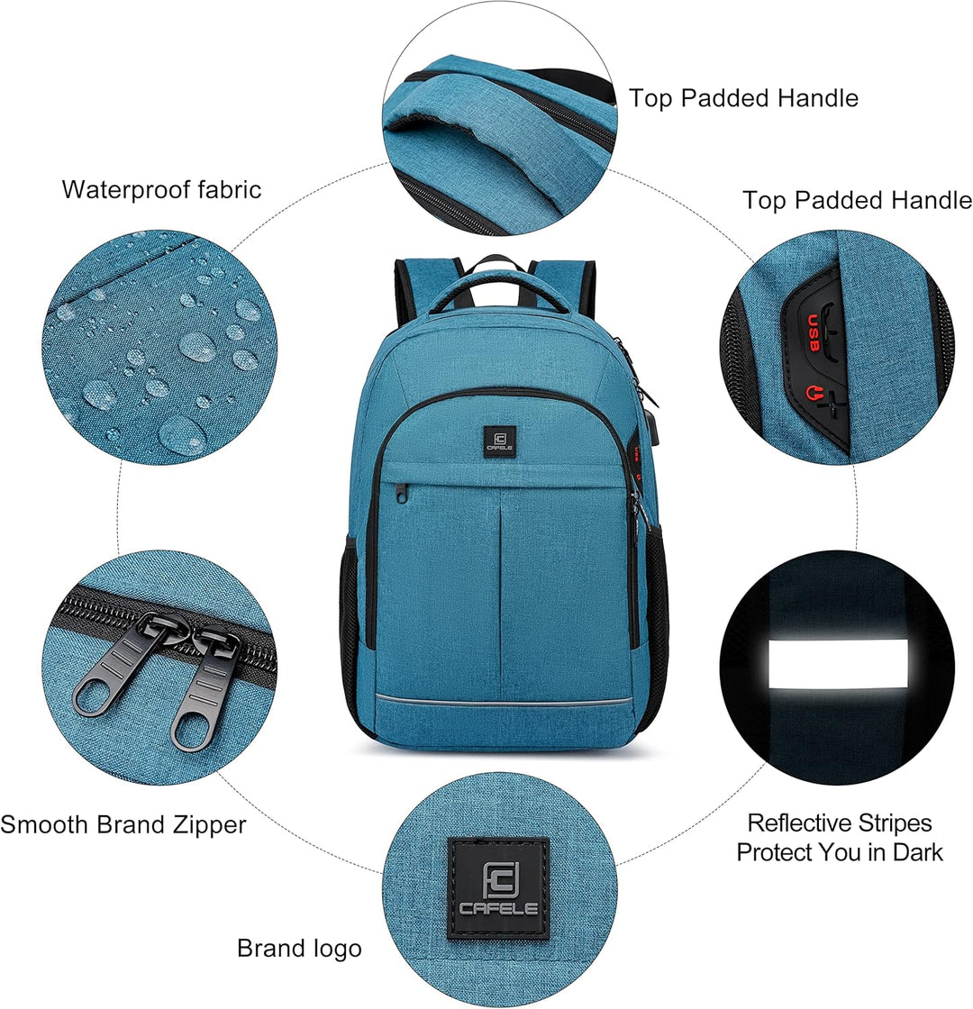Secure travel laptop backpack, anti-theft zippers, water-resistant fabric, integrated USB port for charging.