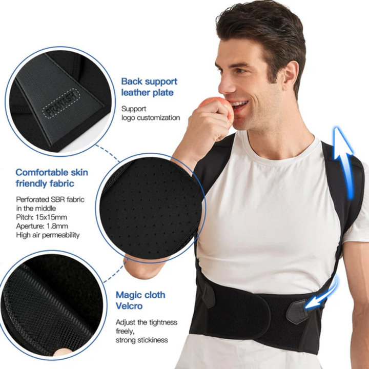 Adjustable unisex back support for improved spine alignment. Comfortable posture corrector promotes wellness & pain relief.