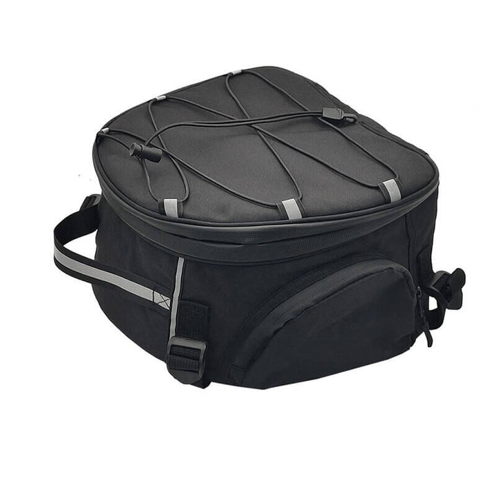 Unisex black water-resistant motorcycle gear bag with multiple compartments for biker travel & storage.