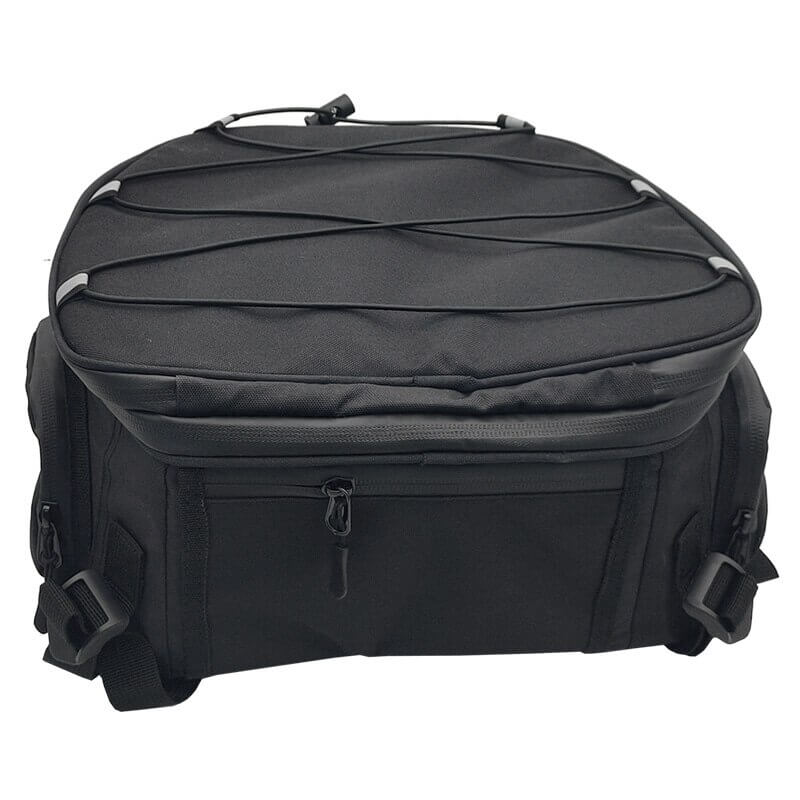 Black multi-compartment gear bag for motorcycles, offering secure water-resistant storage for rider accessories.