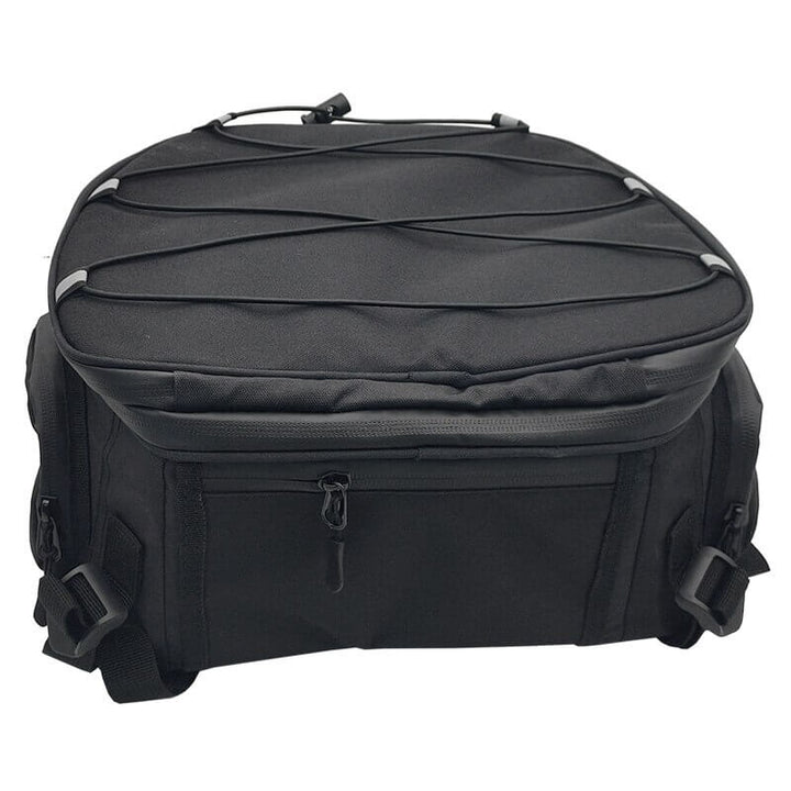 Black multi-compartment gear bag for motorcycles, offering secure water-resistant storage for rider accessories.