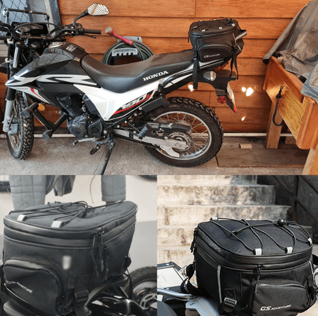 Heavy-duty water-resistant motorcycle gear storage bag with multiple pockets for demanding biker adventures.